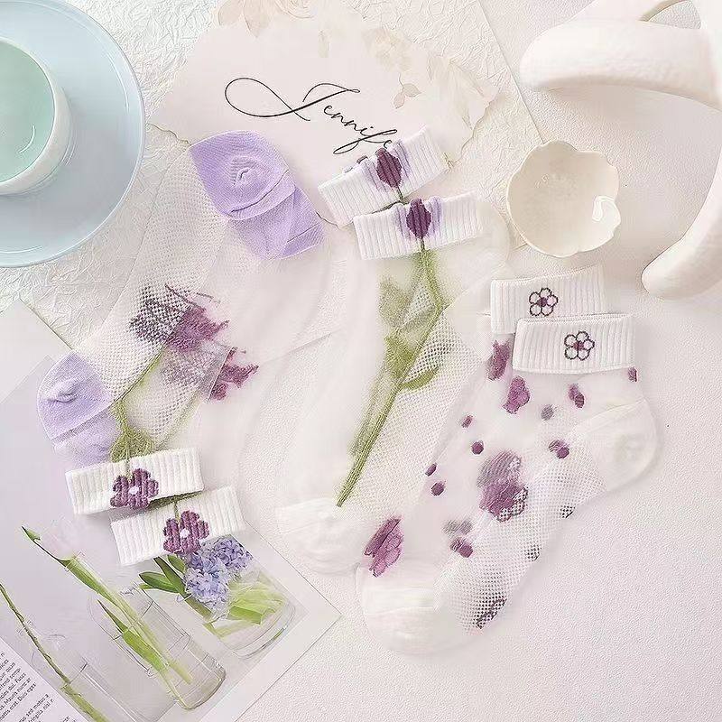 玻璃丝水晶袜子女士ins潮夏季薄款甜美透明短袜花朵丝袜超薄船袜