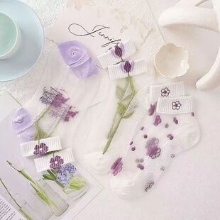 玻璃丝水晶袜子女士ins潮夏季 甜美透明短袜花朵丝袜超薄船袜 薄款