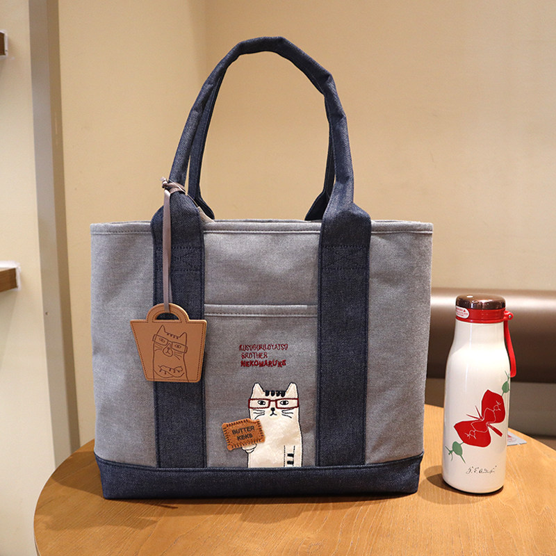 日杂眼镜猫三隔层大容量A4实用帆布手提单肩包通勤电脑托特包