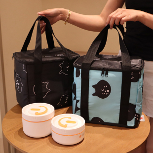 新款惊讶猫保温包饭盒袋卡通可爱户外野餐包大容量手提包