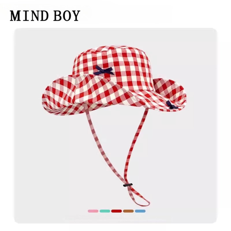 MIND BOY蝴蝶结红色格子渔夫帽女夏季遮阳防晒美式复古登山帽子