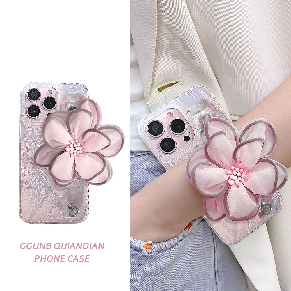 粉色蝴蝶结纱花腕带适用iphone14promax苹果15手机壳13/12/11硅胶xs/xr简约8plus个性7P防摔7/8/SE2女