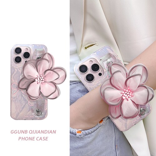 粉色蝴蝶结纱花腕带适用iphone14promax苹果15手机壳13/12/11硅胶xs/xr简约8plus个性7P防摔7/8/SE2女