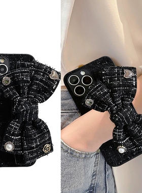 小香风黑色毛呢蝴蝶结腕带适用小米14手机壳红米k60/k50/k40/30潮13/12/11/10s红米note11pro防摔note10/9/8