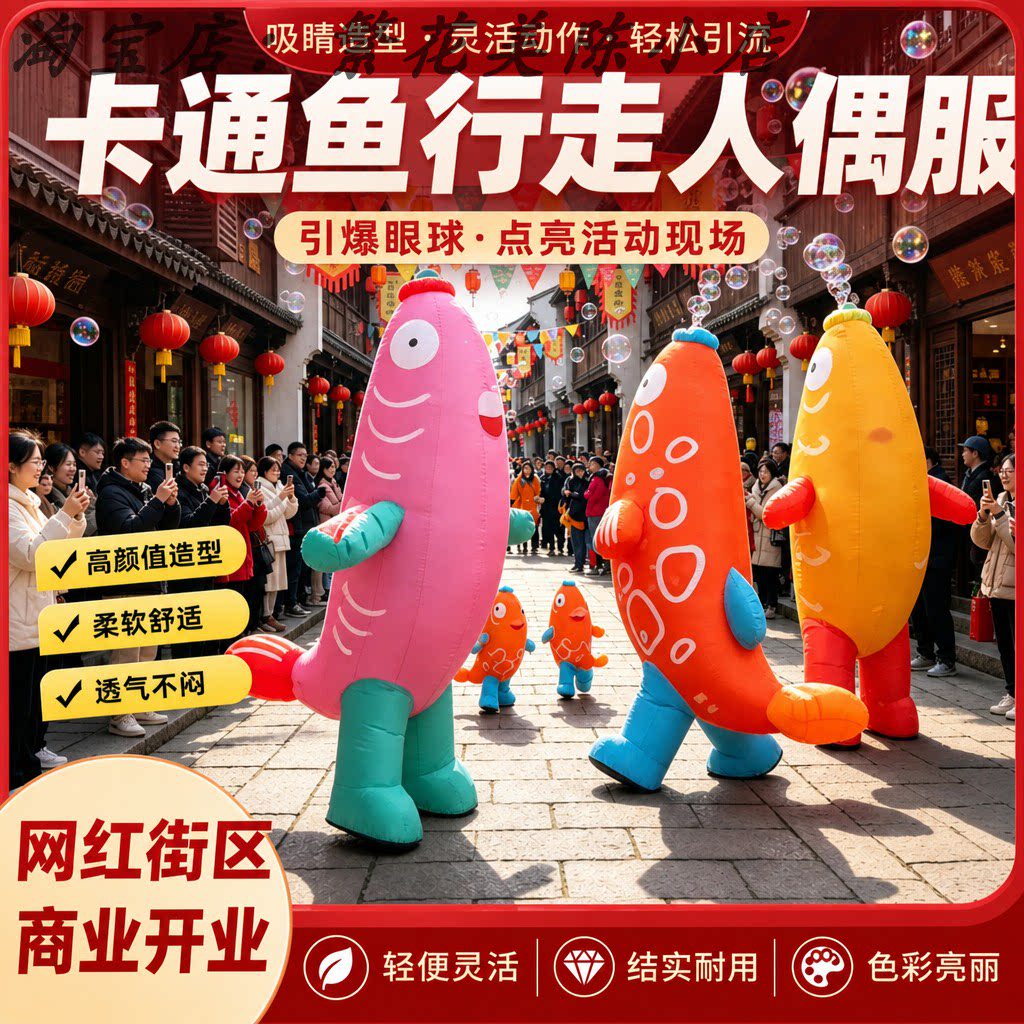 充气鱼行走吹泡泡互动巡游道具商场开业古镇嘉年华暖场引流气模
