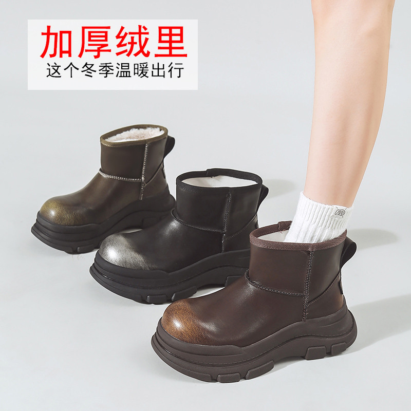 皮面短筒雪地靴女2025冬季新款防水防滑厚底加绒加厚保暖面包棉鞋