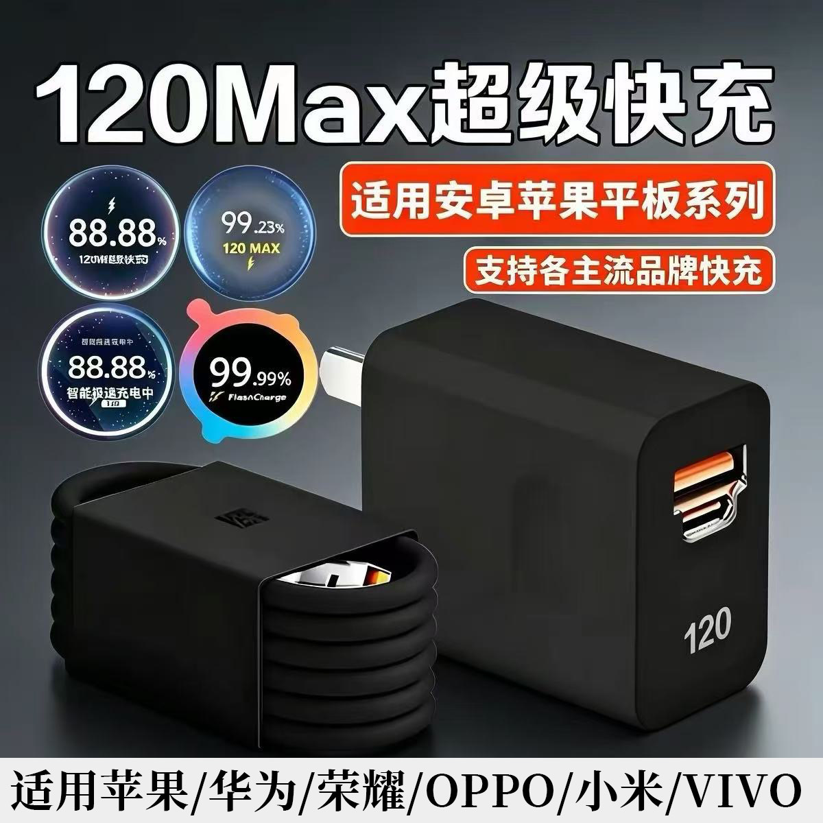 120氮化镓融合充电器适用华为荣耀小米红米超级快充充电头vivoiqoo真我OPPO一加三星苹果PD闪充头通用2米线头