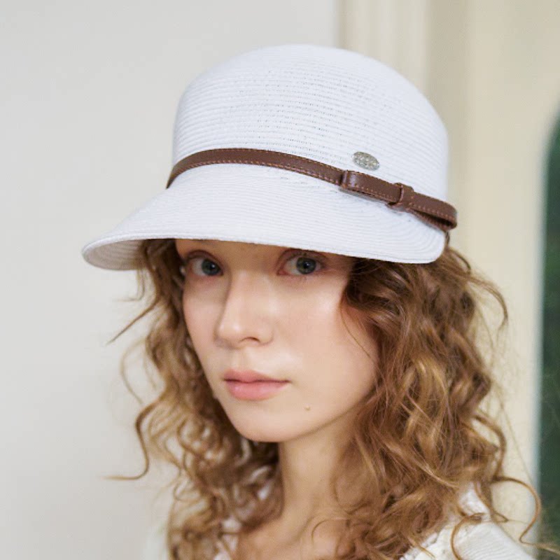 CHUNISLET纯屿 纯色皮质绑带春夏透气草编骑士贝雷帽