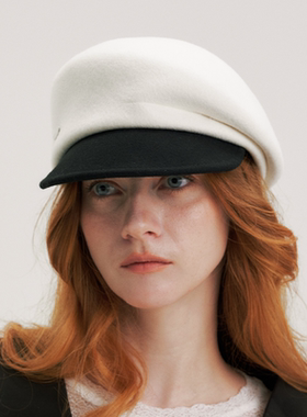 CHUNISLET纯屿 黑白撞色羊毛气质贝雷帽帽秋冬保暖歪帽檐画家帽