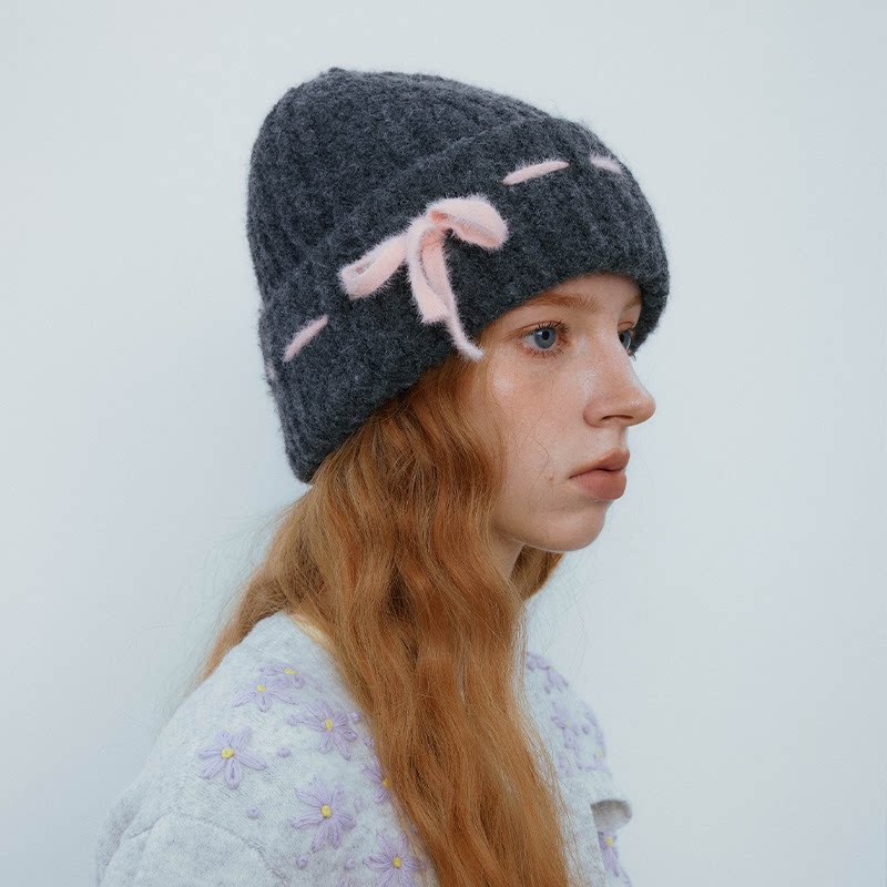 CHUNISLET纯屿 针织羊毛蝴蝶结毛线帽秋冬百搭保暖甜美堆堆冷帽