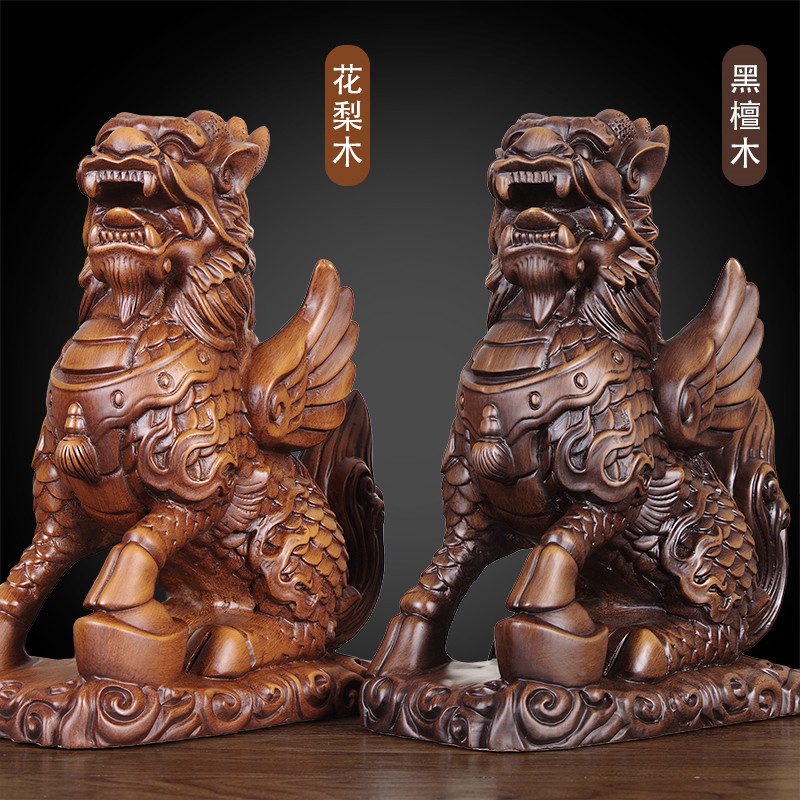 实木雕刻麒麟摆件公母一对新中式手工艺品玄关柜客厅招财旺宅摆设