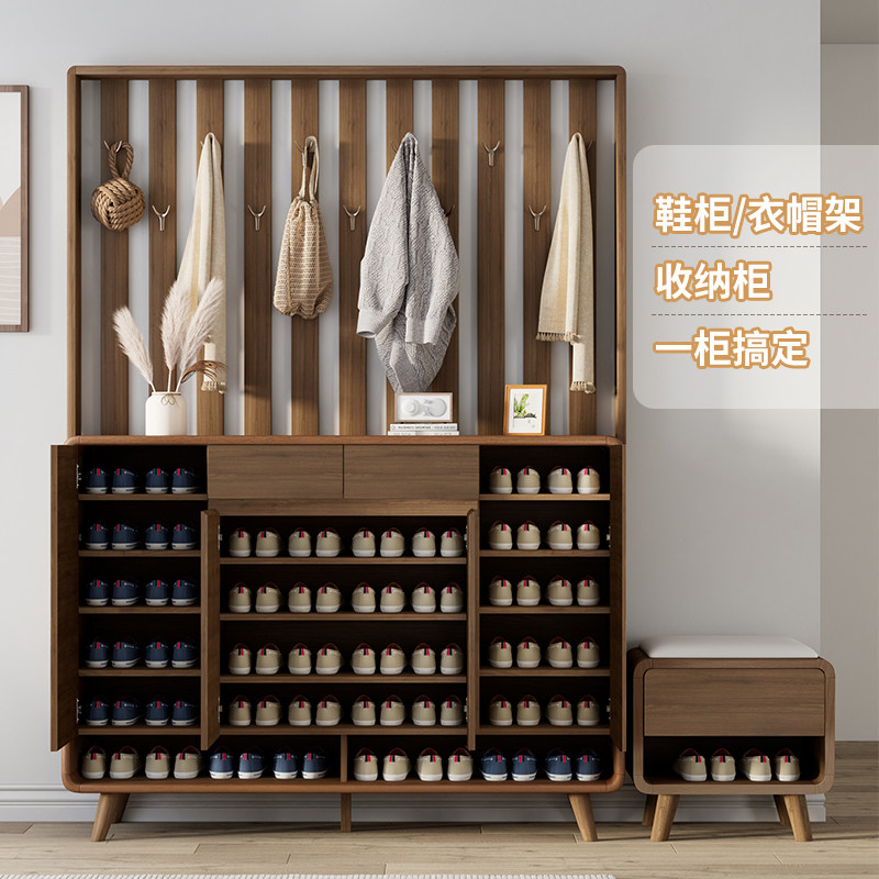 大容量实木鞋柜带挂衣架一体靠墙家用门口入户玄关柜隔断柜衣帽架