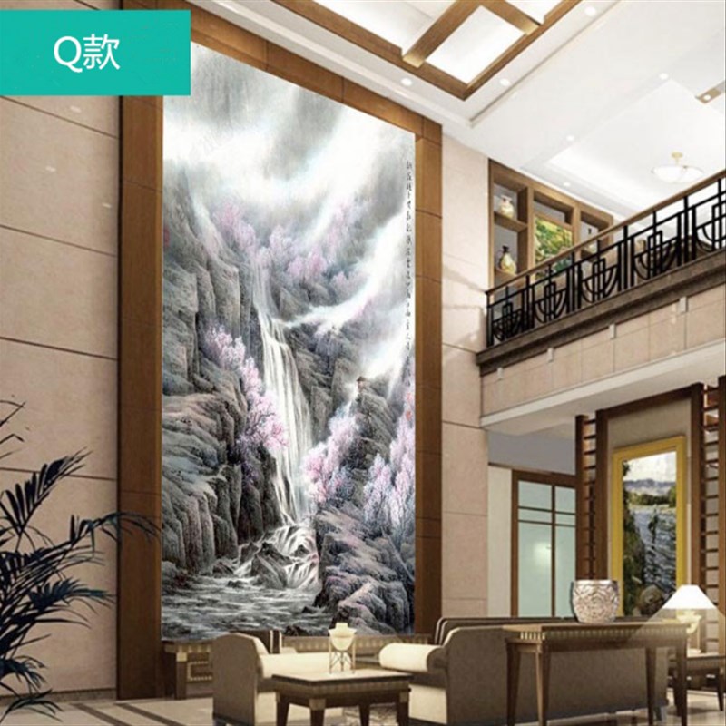 新中式简约大气山水背景墙壁纸挑空跃层复式楼梯酒店玄关壁纸壁画