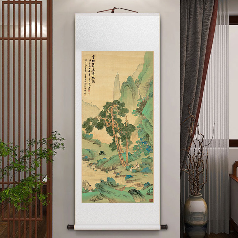 仙山楼阁图青绿山水仿古挂画新中式客厅装饰画书房茶室玄关画画国