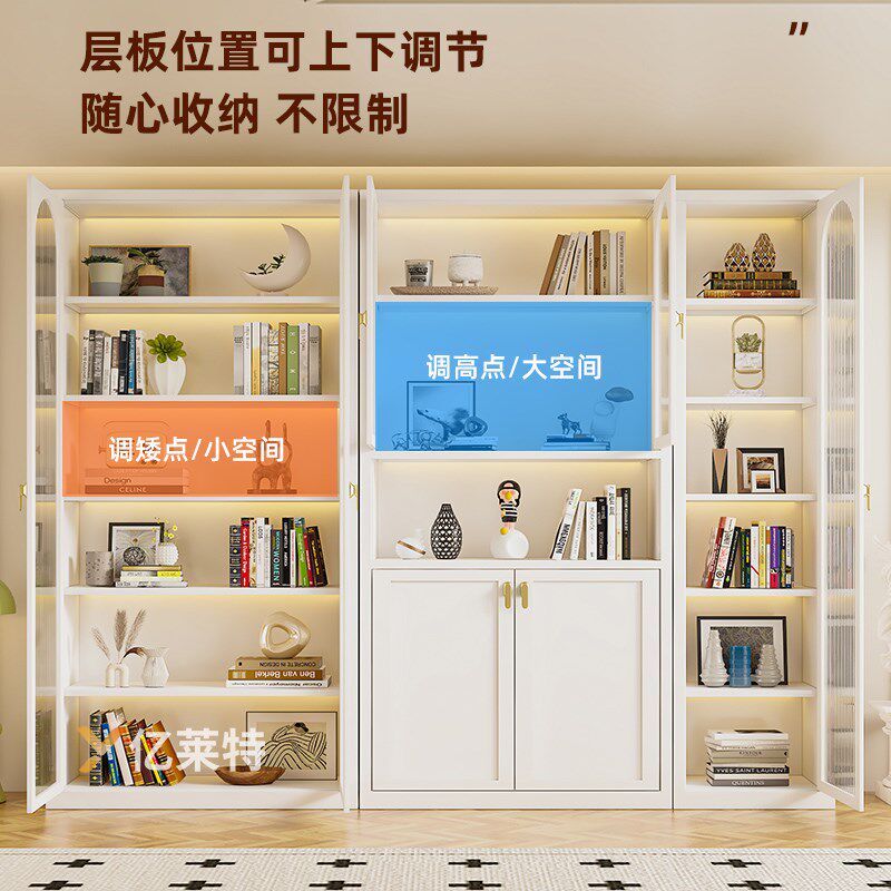 亿莱特2024新款钢制书柜带玻璃门防尘收纳柜一体整墙落地置物柜