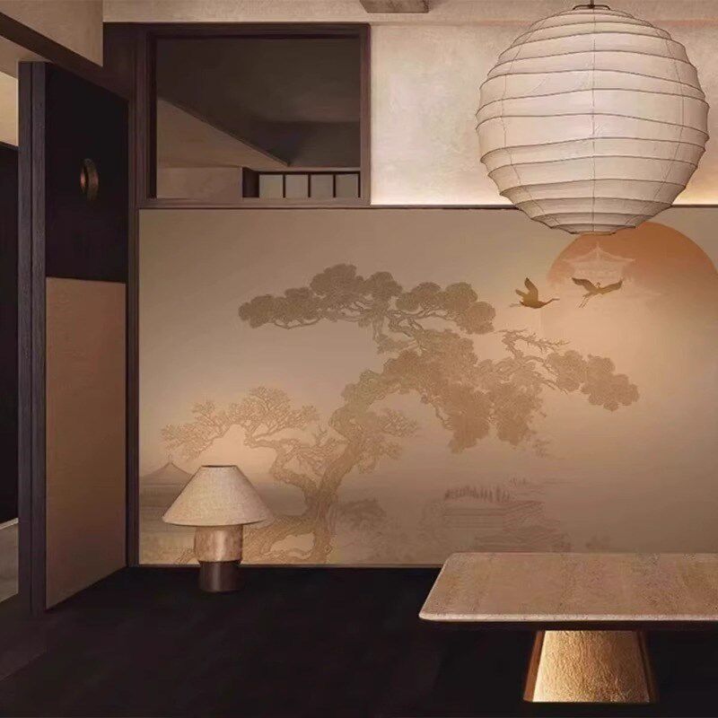 新中式迎客松浮雕壁布酒店茶水间背景墙壁纸饭店装修包厢古风墙布