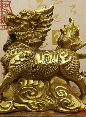纯铜麒麟 铜工艺品 黄铜财福麒麟一对 客厅家居装饰品 办公室摆件