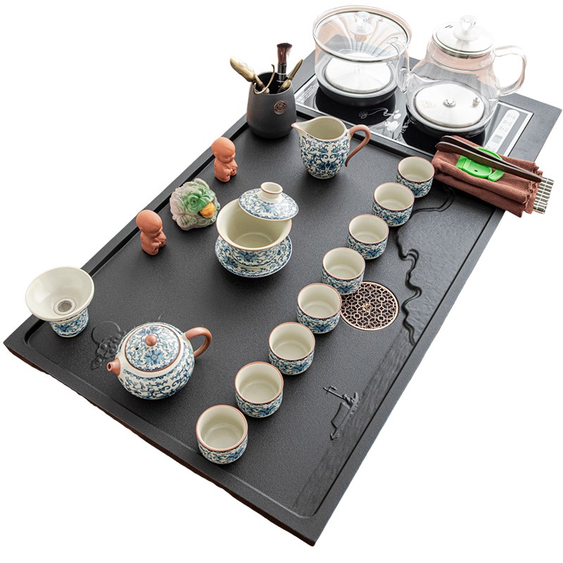 汝窑茶具套装家用整套功夫乌金石材茶盘四合一玻璃烧水壶茶台高档