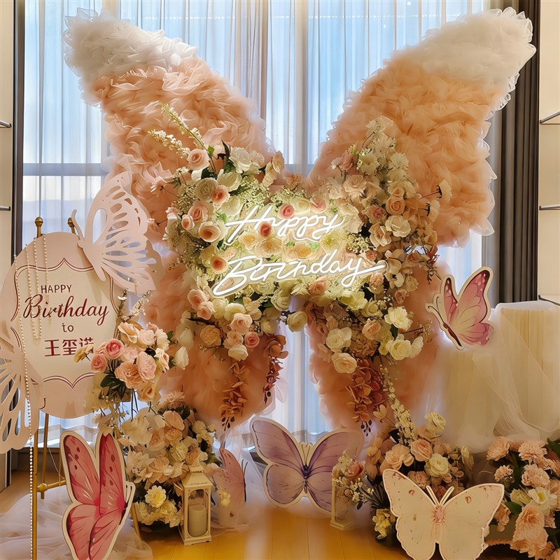 酒店包厢生日派对网纱绢花蝴蝶订婚宴婚庆布置仿真花艺蝴蝶大翅膀