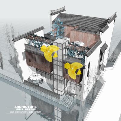现代新中式徽派 黛瓦粉墙休闲茶楼戏院 民宿客栈 建筑设计su模型