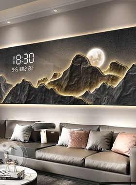 新款客厅沙发背景墙装饰画轻奢led数字电子钟高级感氛围发光挂画