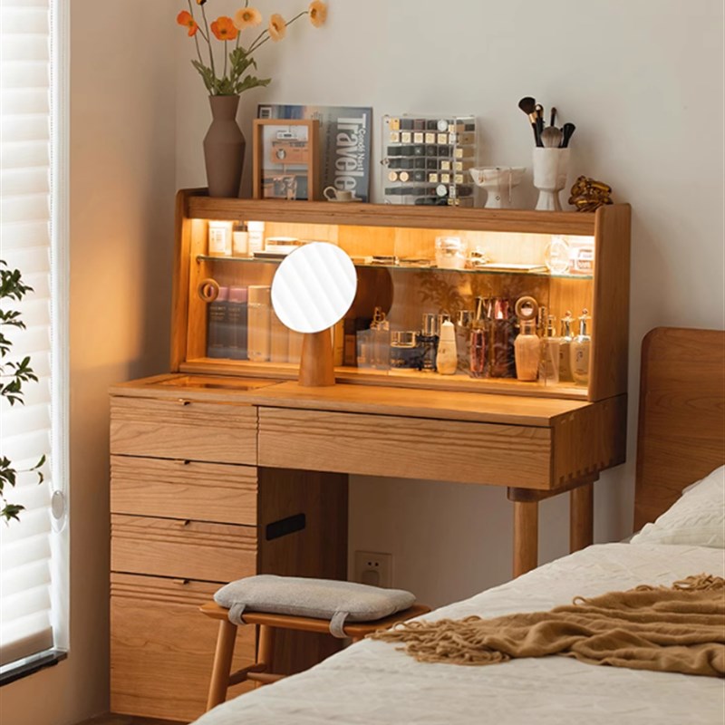 樱桃木悦己梳妆台大容量化妆桌实木首饰化妆品收纳桌原木风奶油风