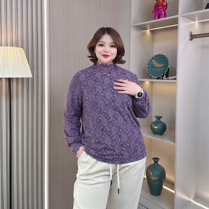加绒蕾丝打底衫女2024新款秋冬大码女装胖mm时尚显瘦时尚洋气上衣