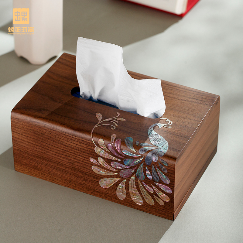 螺钿漆器桌面纸巾盒木质卫生纸盒中式茶几卧室收纳盒多功能送人自