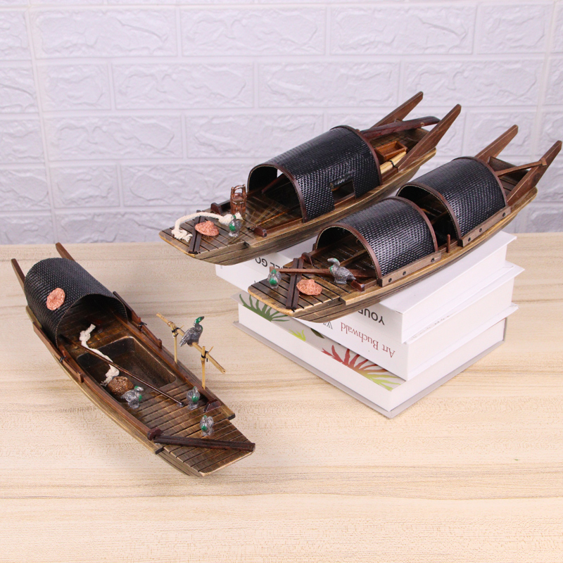 仿古实木工艺船模型沙盘微景观漂浮江南乌篷船模摆件橱窗玩具木船