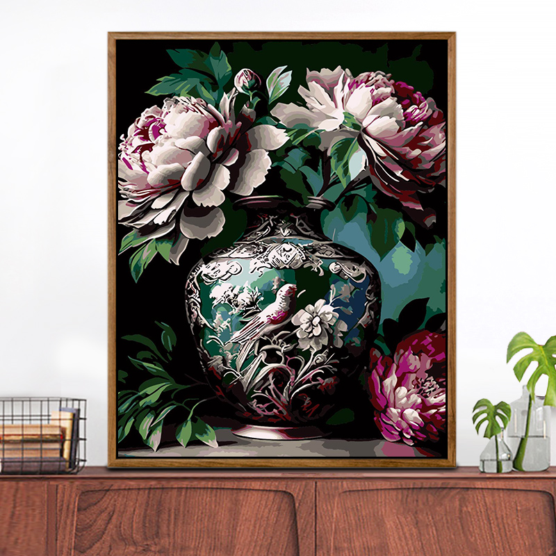 数字油画diy手工填充牡丹花瓶手绘涂色轻奢客厅装饰丙烯油彩画画图片