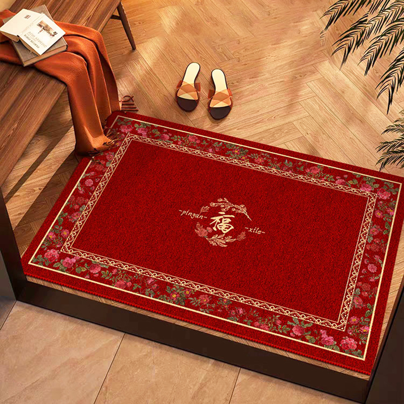 2024新年地毯龙年入户门地垫酒红色法式复古花卉门垫进门门口脚垫