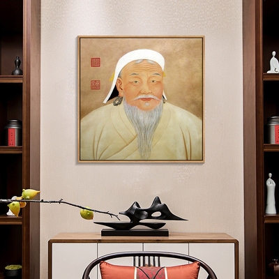 成吉思汗挂画元太祖画像新中式客厅玄关画蒙古餐厅装饰画名人壁画