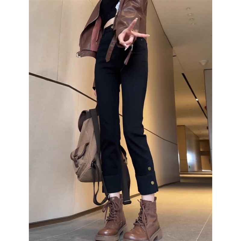 秋季新款黑色高腰弹力大码直筒牛仔裤女修身显瘦小个子九分烟管裤