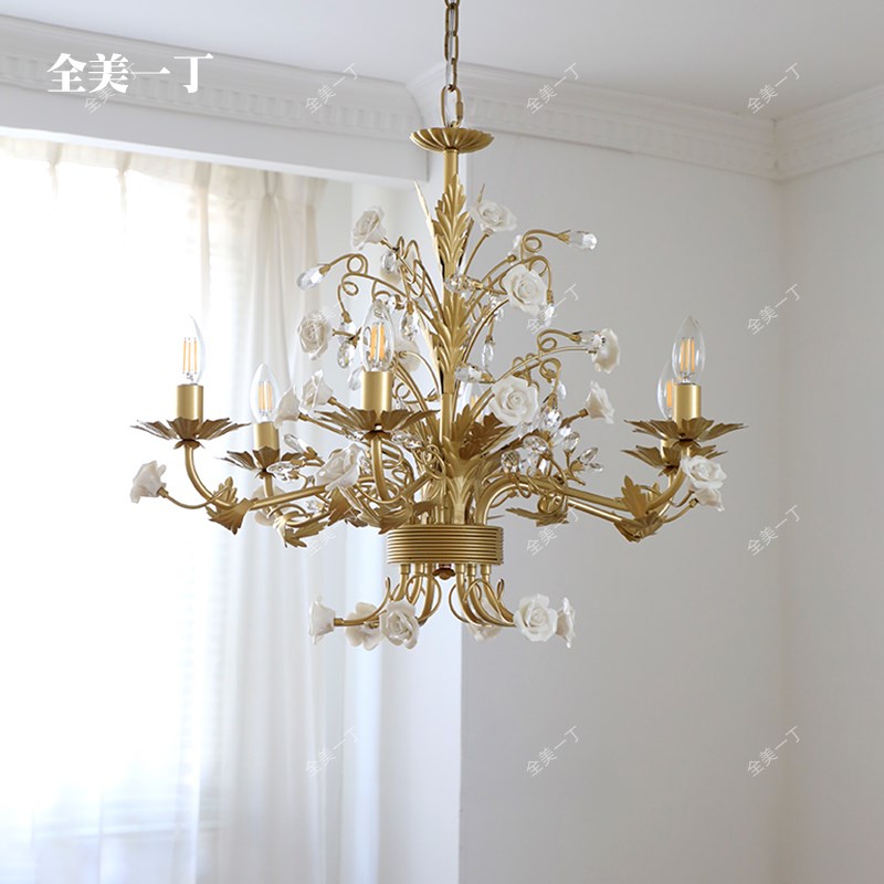 全美一丁法式复古陶瓷玫瑰花朵吊灯客厅卧室蜡烛水晶餐厅创意灯具