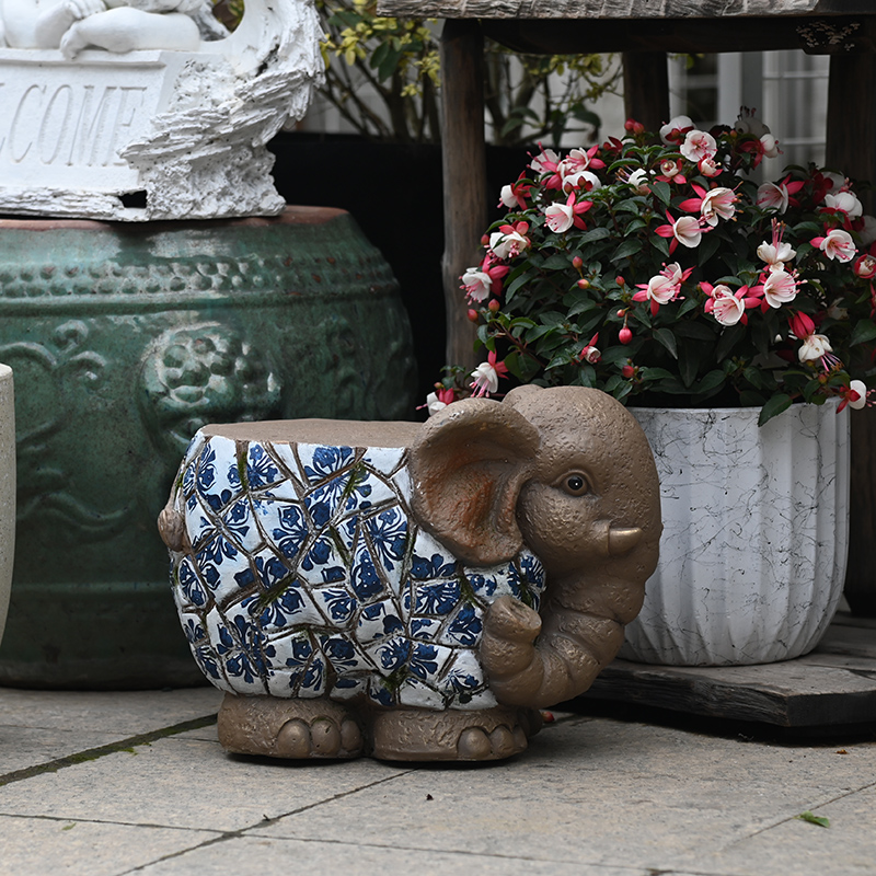 创意仿青花瓷大象底座摆件柱子庭院花园户外动物墩子盆景门口装饰