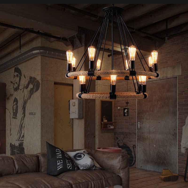 美式loft复古工业风酒吧餐厅铁艺个性创意大型双层麻绳圆古堡吊灯