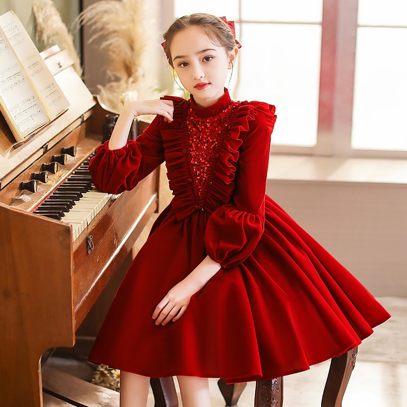 儿童高端礼服红色花童生日公主裙蓬蓬裙钢琴演出服女童主持人秋冬