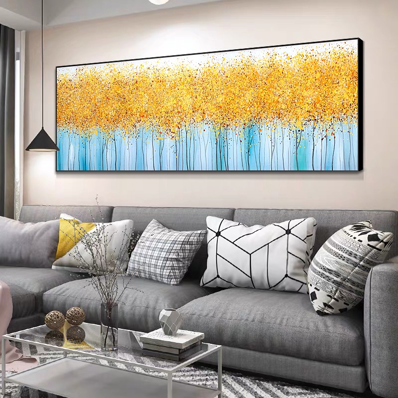 发财树创意画装饰卧室挂画长条画一整张个性客餐厅暖色调抽象油画图片