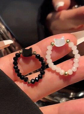 可爱黑白猫头串珠食指戒百搭