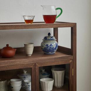 万历柜 新中式飘窗阳台茶事柜黑胡桃木席地榻榻米茶具饼储物柜收