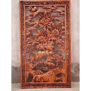 东阳木雕花开 富贵牡丹鸟雕花板实木玄关悬吊式天花板隔断背景墙