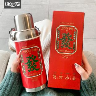 2024 新年红色保温杯女大容量保温壶不锈钢老水壶家用复古水杯新款