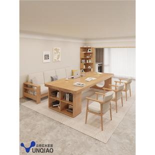 客厅实木大长书桌书柜一体简约家用双人学习桌写字桌办公桌工作台