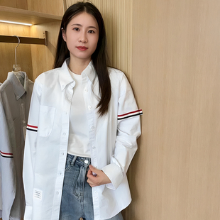 純棉學院風春秋男女長袖 白襯衣THGWBRGMEN 子織帶四道杠tb襯衫 袖