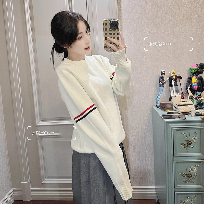 圆领套头袖子织带tb针织衫毛衣