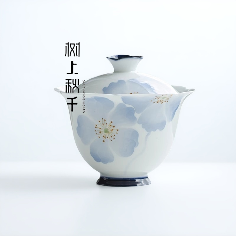 白瓷手繪海棠花口蓋碗