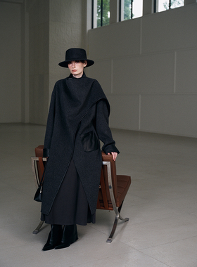 【商场同款】JEEN秋冬灰色羊皮边长款羊毛大衣长款外套JB1040109