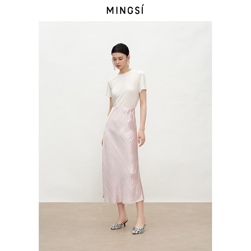 MINGSI女装海盐白醋酸桑蚕丝T恤