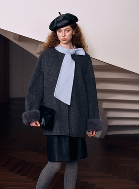 【博主同款】JEEN秋冬烟灰色撞色飘带羊毛大衣外套JB104010104