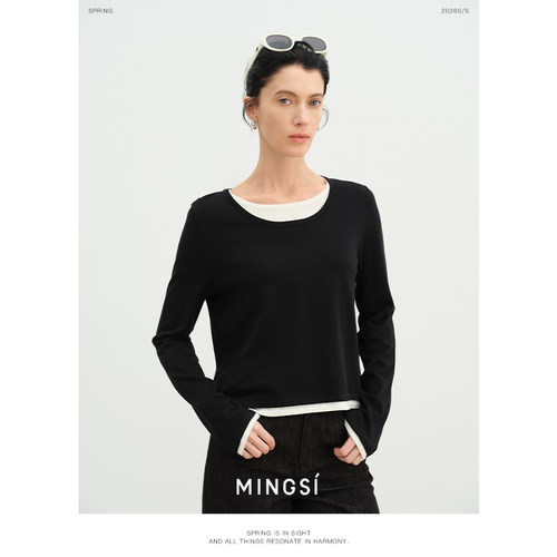 MINGSI雅黑色圆领撞色毛衫